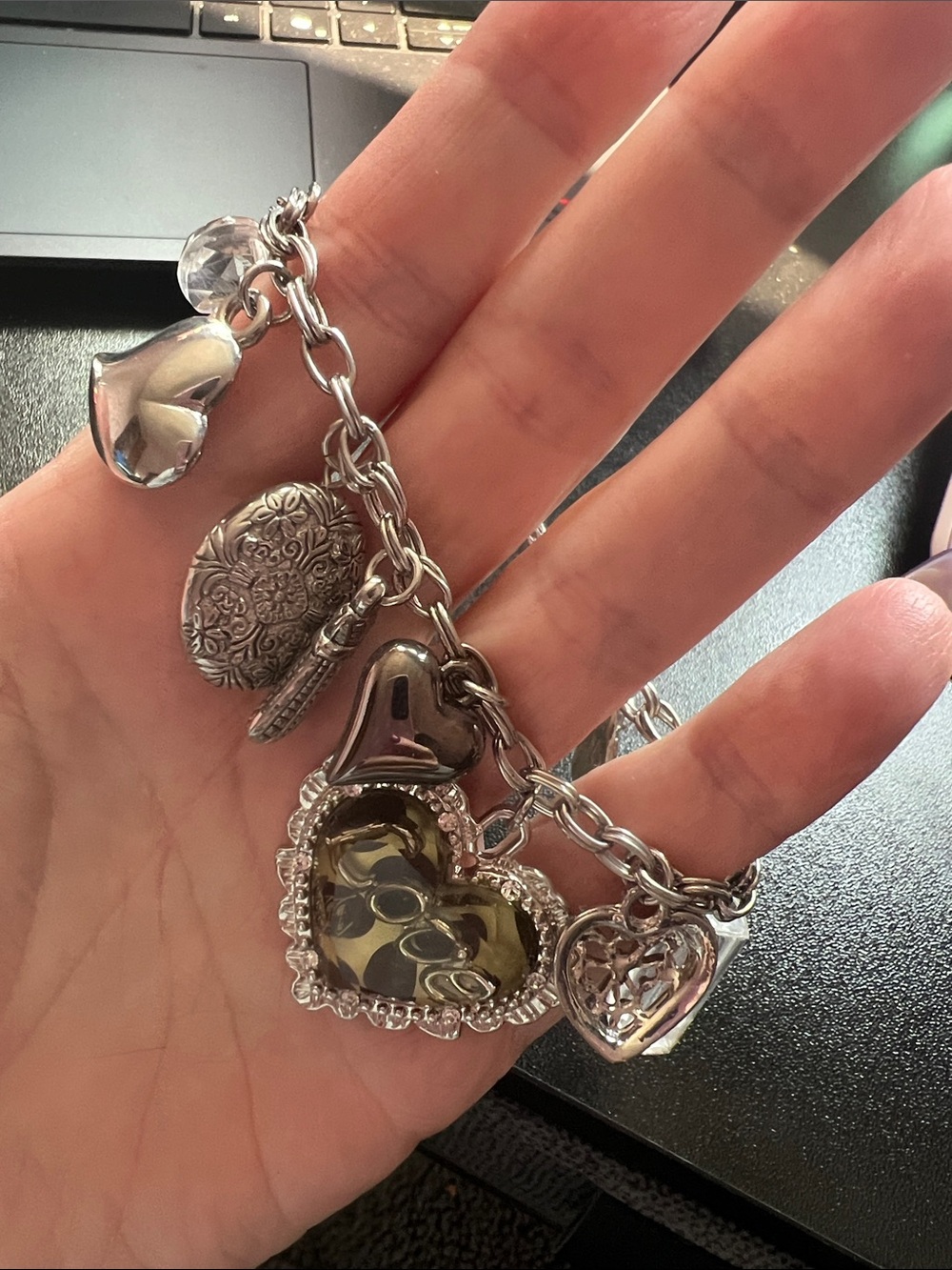 Silver Heart Charm Bracelet with Crystal Accents